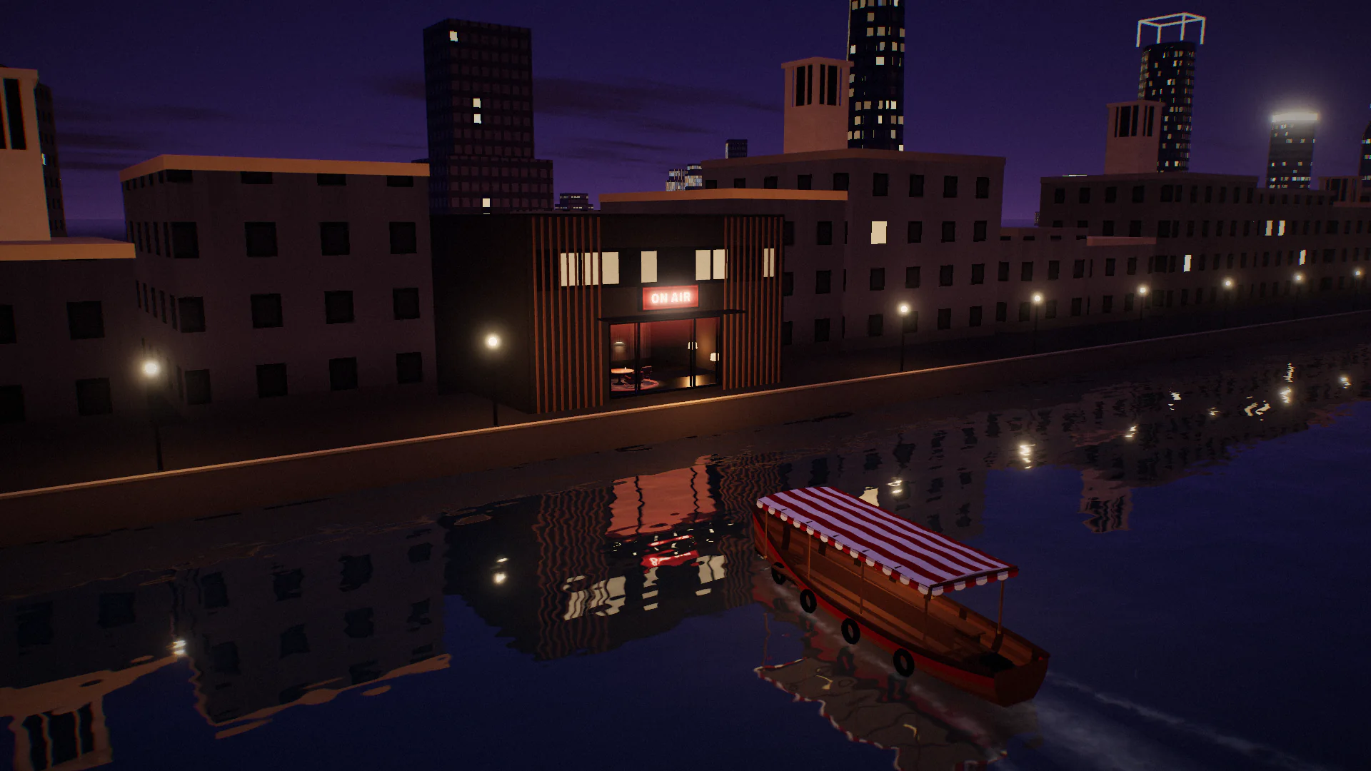 An abra on Dubai Creek at night, with a warmly lit studio on the bank and the city’s towers reflected in the water.
